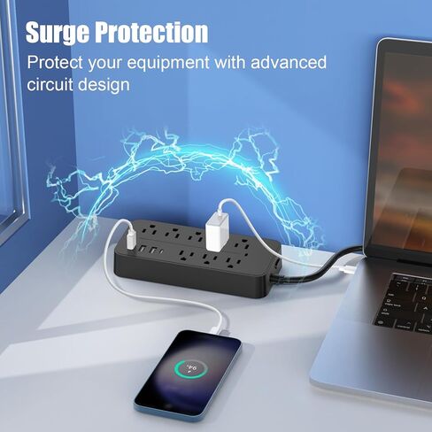 واقي التيار الكهربائي - 8 منافذ + 3 منافذ USB A (3.1 أمبير) + 1 منافذ USB C، 15 أمبير/1875 وات، سلك تمديد 4 أقدام، قابل للتركيب على الحائط للمكتب المنزلي (أسود) in Kuwait