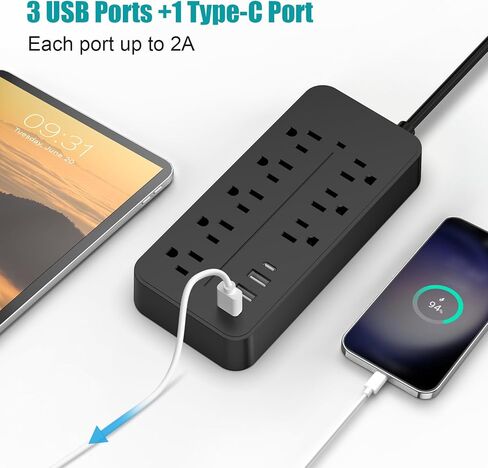 واقي التيار الكهربائي - 8 منافذ + 3 منافذ USB A (3.1 أمبير) + 1 منافذ USB C، 15 أمبير/1875 وات، سلك تمديد 4 أقدام، قابل للتركيب على الحائط للمكتب المنزلي (أسود) in Kuwait