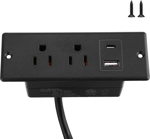 شريط طاقة مجوف مع USB-C وUSB-A، ومنفذي تيار متردد، وشريط طاقة مثبت على المكتب، 125 فولت 12 أمبير 1500 وات، لجزيرة المطبخ على سطح المكتب (أسود، 4.9 قدم) in Kuwait
