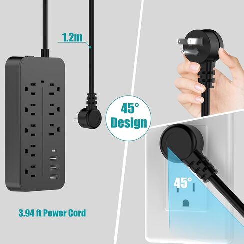 واقي التيار الكهربائي - 8 منافذ + 3 منافذ USB A (3.1 أمبير) + 1 منافذ USB C، 15 أمبير/1875 وات، سلك تمديد 4 أقدام، قابل للتركيب على الحائط للمكتب المنزلي (أسود) in Kuwait