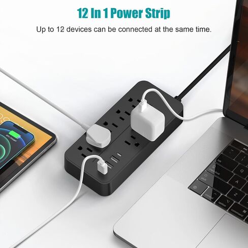 واقي التيار الكهربائي - 8 منافذ + 3 منافذ USB A (3.1 أمبير) + 1 منافذ USB C، 15 أمبير/1875 وات، سلك تمديد 4 أقدام، قابل للتركيب على الحائط للمكتب المنزلي (أسود) in Kuwait