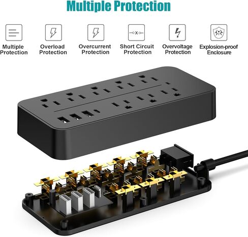 واقي التيار الكهربائي - 8 منافذ + 3 منافذ USB A (3.1 أمبير) + 1 منافذ USB C، 15 أمبير/1875 وات، سلك تمديد 4 أقدام، قابل للتركيب على الحائط للمكتب المنزلي (أسود) in Kuwait