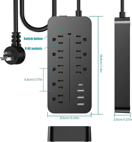 واقي التيار الكهربائي - 8 منافذ + 3 منافذ USB A (3.1 أمبير) + 1 منافذ USB C، 15 أمبير/1875 وات، سلك تمديد 4 أقدام، قابل للتركيب على الحائط للمكتب المنزلي (أسود) in Kuwait