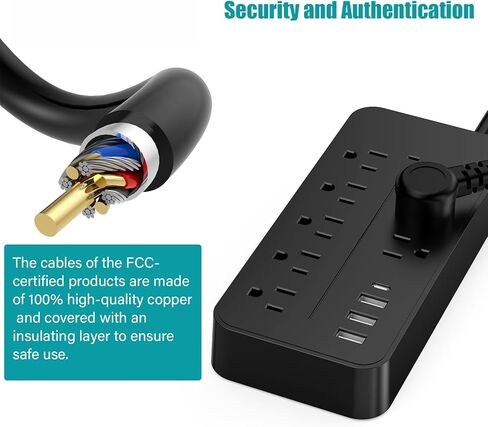 واقي التيار الكهربائي - 8 منافذ + 3 منافذ USB A (3.1 أمبير) + 1 منافذ USB C، 15 أمبير/1875 وات، سلك تمديد 4 أقدام، قابل للتركيب على الحائط للمكتب المنزلي (أسود) in Kuwait
