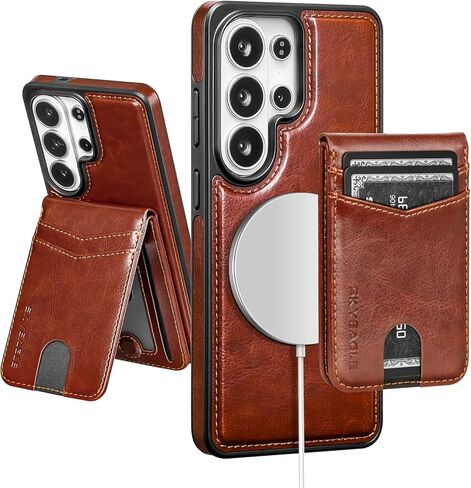 SkyEagle متوافق مع Magsafe 2 في 1 قابل للفصل Samsung Galaxy S26 Ultra Wallet Case حامل بطاقة للنساء والرجال، جراب هاتف من جلد البولي يوريثان المغناطيسي المقاوم للصدمات RFID يمنع الوجه وفتحات الائتمان، بني in Kuwait