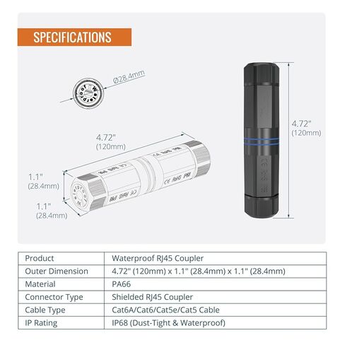 Tecmojo Waterproof Cat6 Coupler, IP68 Outdoor Ethernet Connector for CAT6/CAT5E/CAT5,Shielded RJ45 Ethernet Extender for IP Camera and PoE Device, 4.7in,3 Pack in Kuwait