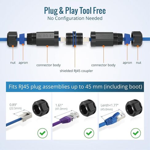 Tecmojo Waterproof Cat6 Coupler, IP68 Outdoor Ethernet Connector for CAT6/CAT5E/CAT5,Shielded RJ45 Ethernet Extender for IP Camera and PoE Device, 4.7in,3 Pack in Kuwait