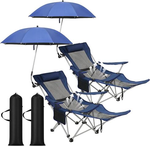 2 Pack Reclining Camping Chairs with 2 Umbrellas, Folding Beach Chairs with Footrest, Headrest, Cup Holder, 4-position Adjustable Backrest Lounger for Summer Lawn Outdoor, Fishing, Picnic(Dark Blue) in Kuwait