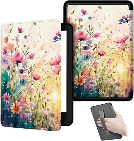 حافظة لجهاز Kindle Paperwhite مقاس 6.8 بوصات (الجيل الحادي عشر - 2021) وإصدار Kindle Paperwhite المميز، غطاء قارئ إلكتروني خفيف الوزن من جلد البولي يوريثان مع تنبيه/غفو تلقائي، حزام يد (زهور برية ميدانية) in Kuwait