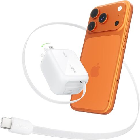 Belkin Wall GaN Charger 45W w/ 2.6ft Retractable USB C Cable & USB C Port - iPhone Charger Fast Charging for iPhone 17 & 16 Series, Galaxy S26 Series, AirPods, Tablet, MacBook, Chromebook, Travel in Kuwait