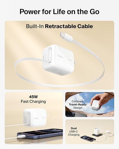 Belkin Wall GaN Charger 45W w/ 2.6ft Retractable USB C Cable & USB C Port - iPhone Charger Fast Charging for iPhone 17 & 16 Series, Galaxy S26 Series, AirPods, Tablet, MacBook, Chromebook, Travel in Kuwait