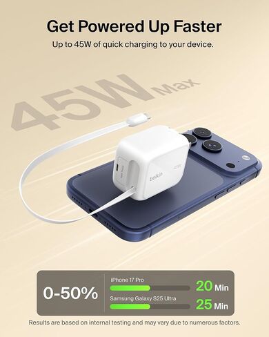 Belkin Wall GaN Charger 45W w/ 2.6ft Retractable USB C Cable & USB C Port - iPhone Charger Fast Charging for iPhone 17 & 16 Series, Galaxy S26 Series, AirPods, Tablet, MacBook, Chromebook, Travel in Kuwait