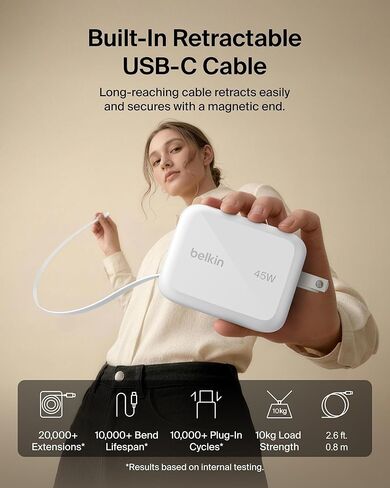 Belkin Wall GaN Charger 45W w/ 2.6ft Retractable USB C Cable & USB C Port - iPhone Charger Fast Charging for iPhone 17 & 16 Series, Galaxy S26 Series, AirPods, Tablet, MacBook, Chromebook, Travel in Kuwait