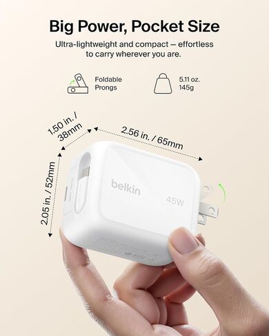 Belkin Wall GaN Charger 45W w/ 2.6ft Retractable USB C Cable & USB C Port - iPhone Charger Fast Charging for iPhone 17 & 16 Series, Galaxy S26 Series, AirPods, Tablet, MacBook, Chromebook, Travel in Kuwait