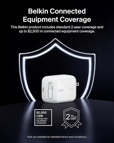 Belkin Wall GaN Charger 45W w/ 2.6ft Retractable USB C Cable & USB C Port - iPhone Charger Fast Charging for iPhone 17 & 16 Series, Galaxy S26 Series, AirPods, Tablet, MacBook, Chromebook, Travel in Kuwait