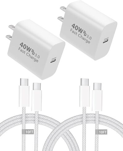 شاحن iPhone 17 16 15 شحن سريع، 2 حزمة شواحن GaN III USB C بقدرة 40 وات مع كابلات 10 أقدام من النوع C معتمدة من MFi، كتلة شاحن PD3.0 PPS USB C لأجهزة iPhone 17/16/15 Pro Max وSamsung S25 وiPad وMacBook in Kuwait