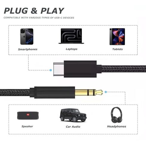 USB-C to 3.5mm Aux Jack Audio Cable - 3ft | Compatible with iPhone 15, 16, 17 Series, Samsung Galaxy, Google Pixel, iPad, MacBook | Hi-Fi Sound, Durable, Fray & Tangle-Free in Kuwait