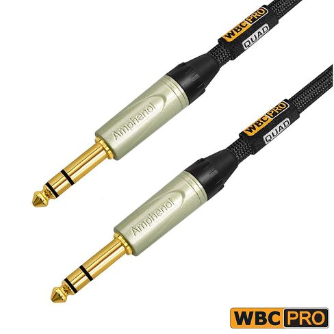 وحدتان - 4 أقدام - كابل WBC-PRO-Quad فائق الصمت والمرن ومتوازن للغاية مع Amphenol QS3P-AU ¼ بوصة (6.35 مم) مقابس هاتف ستيريو TRS ذهبية مستقيمة وسترة تويد سوداء in Kuwait