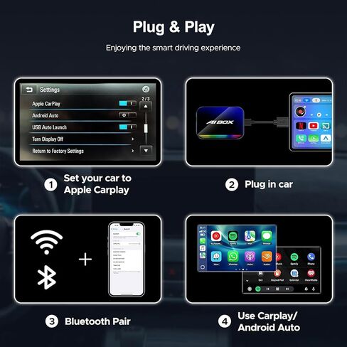 Wireless CarPlay Android Auto Adapter AI Magic Box with Net-Flix YouTube TikTok, Built-in Play Store and Screen Mirroring, Plug and Play Video Adapter for OEM Factory Wired CarPlay Vehicles in Kuwait