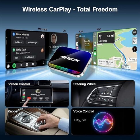 Wireless CarPlay Android Auto Adapter AI Magic Box with Net-Flix YouTube TikTok, Built-in Play Store and Screen Mirroring, Plug and Play Video Adapter for OEM Factory Wired CarPlay Vehicles in Kuwait