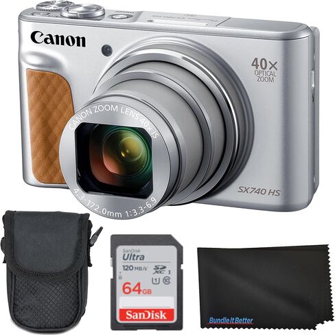 كاميرا Canon PowerShot SX740 HS الرقمية (فضية) 20.3 ميجابكسل، تكبير بصري 40x، فيديو بدقة 4K UHD، واي فاي وبلوتوث، كاميرا سفر مدمجة Point & Shoot + بطاقة SD سعة 64 جيجابايت + حقيبة مبطنة + قطعة قماش من الألياف الدقيقة in Kuwait