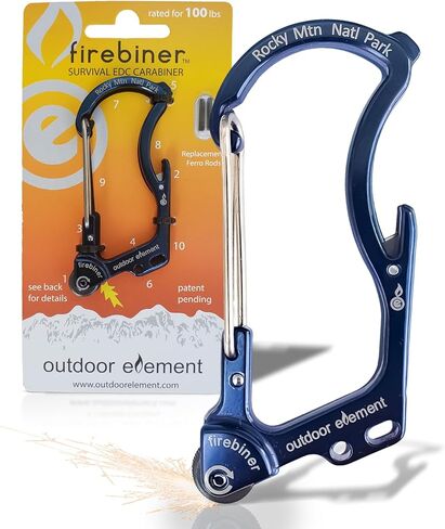 OUTDOOR ELEMENT Firebiner Custom Engraved 6-in-1 Fire Starter Carabiner Multitool – Survival Gear EDC Keychain with Utility Blade, Bottle Opener, Screwdriver, Emergency Tool in Kuwait
