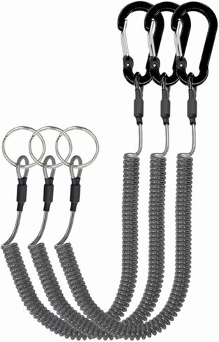 2Pcs Black Heavy Duty Fishing Rod Tether Accessories Ropes Tool, Retractable Safety Coiled Lanyard with Carabiner and Split Ring for Pliers, Boating, Tools in Kuwait
