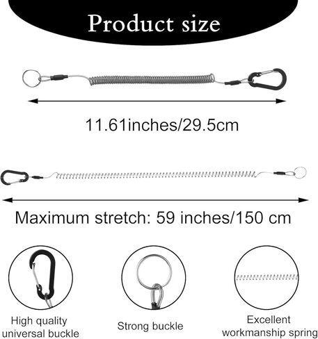 2Pcs Black Heavy Duty Fishing Rod Tether Accessories Ropes Tool, Retractable Safety Coiled Lanyard with Carabiner and Split Ring for Pliers, Boating, Tools in Kuwait