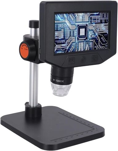 مجهر رقمي بشاشة LCD مقاس 4.3 بوصة، تكبير 50-1000X، تسجيل فيديو 1080 بكسل، 8 مصابيح LED قابلة للتعديل، فحص خطأ العملة المعدنية بوصلة USB، أحجار كريمة، نباتات، تعليم، أسود in Kuwait