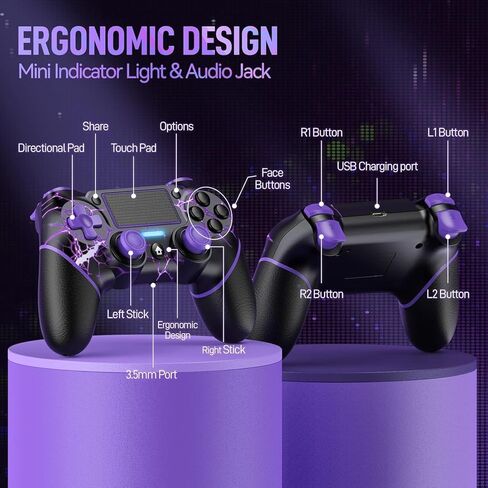 وحدة تحكم لاسلكية لوحدات تحكم PS4/Pro/Slim، وحدة تحكم في الألعاب مع مستشعر حركة 6 محاور/وظيفة المشاركة/كابل شحن - Lightning in Kuwait