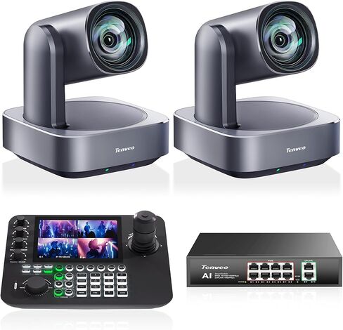 مجموعة/مجموعة كاميرا Tenveo 4K PTZ وConroller - عبوتان من كاميرات التتبع AI بتكبير بصري 12X (LAN/HDMI/USB3.0)، وحدة تحكم عصا التحكم NDI رباعية الشاشات مقاس 7 بوصات، ومحول شبكة Gigabit PoE بـ 8 منافذ in Kuwait