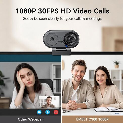 كاميرا ويب EMEET C100 1080P للكمبيوتر الشخصي، تركيز ثابت، مجال رؤية 66 درجة، ميكروفون مدمج، غطاء للخصوصية، مشبك معدني محمول، كاميرا كمبيوتر للمكتب المنزلي، التعلم عبر الإنترنت، الاجتماعات، البث، سطح المكتب، الكمبيوتر المحمول، USB-A للكمبيوتر الشخصي in Kuwait