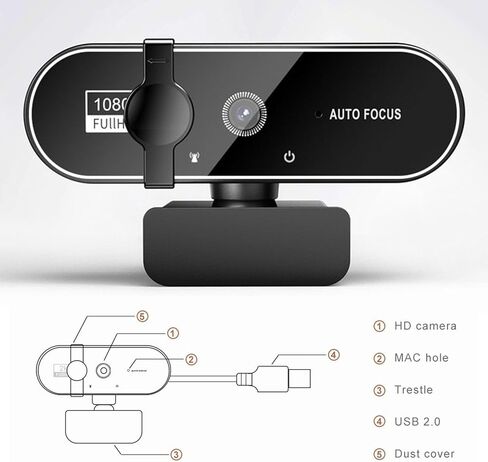 1080P HD Webcam for PC with Microphone & Noise Cancellation, 99° FOV, 360° Rotatable Head 180° Adjustable Clip, Plug & Play USB Camera for Conferencing, Classes, Calling, Skype, Facetime in Kuwait