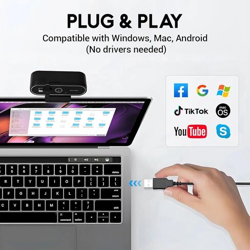 1080P HD Webcam for PC with Microphone & Noise Cancellation, 99° FOV, 360° Rotatable Head 180° Adjustable Clip, Plug & Play USB Camera for Conferencing, Classes, Calling, Skype, Facetime in Kuwait
