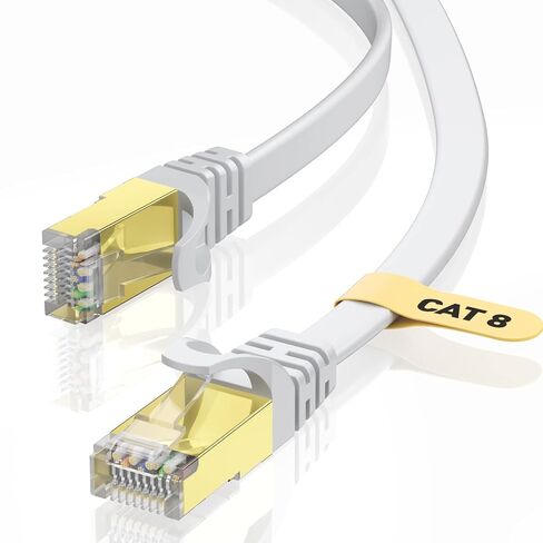 Cat8 Ethernet Cable 10FT White Flat, 40Gbps 2000MHz High Speed S/FTP with Gold-Plated RJ45 LAN Network Patch Cord for Router Modem Gaming PC Home Office Streaming Devices in Kuwait