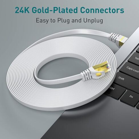 Cat8 Ethernet Cable 10FT White Flat, 40Gbps 2000MHz High Speed S/FTP with Gold-Plated RJ45 LAN Network Patch Cord for Router Modem Gaming PC Home Office Streaming Devices in Kuwait