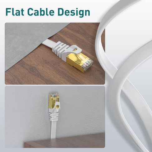 Cat8 Ethernet Cable 10FT White Flat, 40Gbps 2000MHz High Speed S/FTP with Gold-Plated RJ45 LAN Network Patch Cord for Router Modem Gaming PC Home Office Streaming Devices in Kuwait