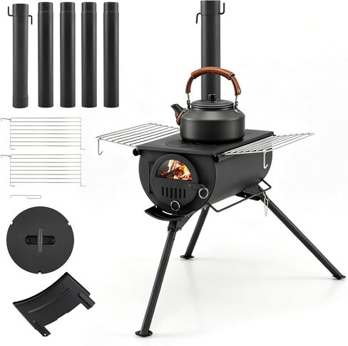 Giantex Hot Tent Stove، موقد حرق الخشب المحمول مع 5 أنابيب مدخنة، رفوف من الفولاذ المقاوم للصدأ، أرجل قابلة للطي وزجاج عرض، موقد خشبي للتخييم للتدفئة في الهواء الطلق، الطبخ، الصيد، المشي لمسافات طويلة، صيد الأسماك على الجليد in Kuwait