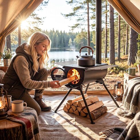 Giantex Hot Tent Stove، موقد حرق الخشب المحمول مع 5 أنابيب مدخنة، رفوف من الفولاذ المقاوم للصدأ، أرجل قابلة للطي وزجاج عرض، موقد خشبي للتخييم للتدفئة في الهواء الطلق، الطبخ، الصيد، المشي لمسافات طويلة، صيد الأسماك على الجليد in Kuwait