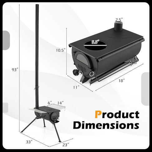 Giantex Hot Tent Stove، موقد حرق الخشب المحمول مع 5 أنابيب مدخنة، رفوف من الفولاذ المقاوم للصدأ، أرجل قابلة للطي وزجاج عرض، موقد خشبي للتخييم للتدفئة في الهواء الطلق، الطبخ، الصيد، المشي لمسافات طويلة، صيد الأسماك على الجليد in Kuwait