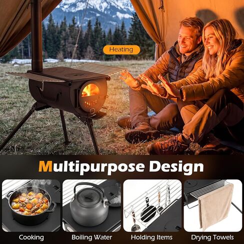 Giantex Hot Tent Stove، موقد حرق الخشب المحمول مع 5 أنابيب مدخنة، رفوف من الفولاذ المقاوم للصدأ، أرجل قابلة للطي وزجاج عرض، موقد خشبي للتخييم للتدفئة في الهواء الطلق، الطبخ، الصيد، المشي لمسافات طويلة، صيد الأسماك على الجليد in Kuwait