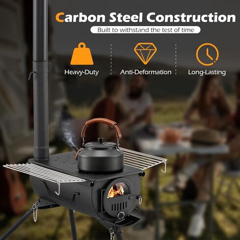 Giantex Hot Tent Stove، موقد حرق الخشب المحمول مع 5 أنابيب مدخنة، رفوف من الفولاذ المقاوم للصدأ، أرجل قابلة للطي وزجاج عرض، موقد خشبي للتخييم للتدفئة في الهواء الطلق، الطبخ، الصيد، المشي لمسافات طويلة، صيد الأسماك على الجليد in Kuwait