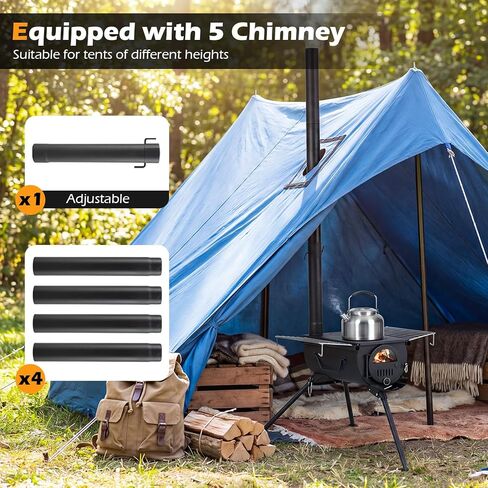 Giantex Hot Tent Stove، موقد حرق الخشب المحمول مع 5 أنابيب مدخنة، رفوف من الفولاذ المقاوم للصدأ، أرجل قابلة للطي وزجاج عرض، موقد خشبي للتخييم للتدفئة في الهواء الطلق، الطبخ، الصيد، المشي لمسافات طويلة، صيد الأسماك على الجليد in Kuwait
