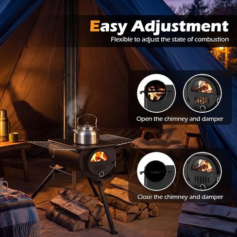 Giantex Hot Tent Stove، موقد حرق الخشب المحمول مع 5 أنابيب مدخنة، رفوف من الفولاذ المقاوم للصدأ، أرجل قابلة للطي وزجاج عرض، موقد خشبي للتخييم للتدفئة في الهواء الطلق، الطبخ، الصيد، المشي لمسافات طويلة، صيد الأسماك على الجليد in Kuwait