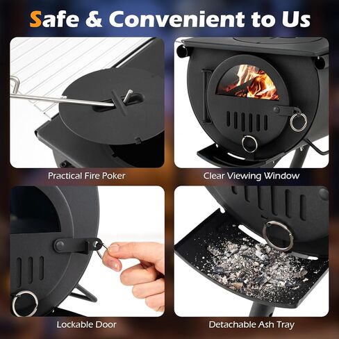 Giantex Hot Tent Stove، موقد حرق الخشب المحمول مع 5 أنابيب مدخنة، رفوف من الفولاذ المقاوم للصدأ، أرجل قابلة للطي وزجاج عرض، موقد خشبي للتخييم للتدفئة في الهواء الطلق، الطبخ، الصيد، المشي لمسافات طويلة، صيد الأسماك على الجليد in Kuwait