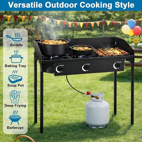 3 Burner Portable Propane Stove Outdoor High Pressure BBQ Gas Stove, Camping Stove with Wind Panel, 3 Burner Camp Stove for Backyard Cooking, Camping, Outdoor Grilling in Kuwait