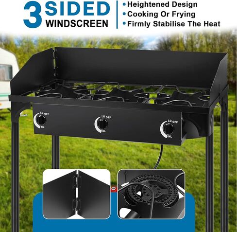 3 Burner Portable Propane Stove Outdoor High Pressure BBQ Gas Stove, Camping Stove with Wind Panel, 3 Burner Camp Stove for Backyard Cooking, Camping, Outdoor Grilling in Kuwait