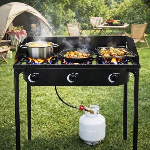 3 Burner Portable Propane Stove Outdoor High Pressure BBQ Gas Stove, Camping Stove with Wind Panel, 3 Burner Camp Stove for Backyard Cooking, Camping, Outdoor Grilling in Kuwait