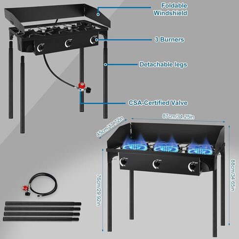 3 Burner Portable Propane Stove Outdoor High Pressure BBQ Gas Stove, Camping Stove with Wind Panel, 3 Burner Camp Stove for Backyard Cooking, Camping, Outdoor Grilling in Kuwait