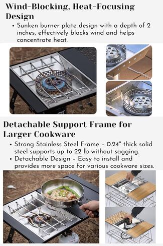 CAMPINGMOON Propane Top Stove Plate Stainless Steel Frame IGT Table Top Gas Burner Windproof Recessed Design for Camping CK-25PG+PG-4 Gas not Included in Kuwait